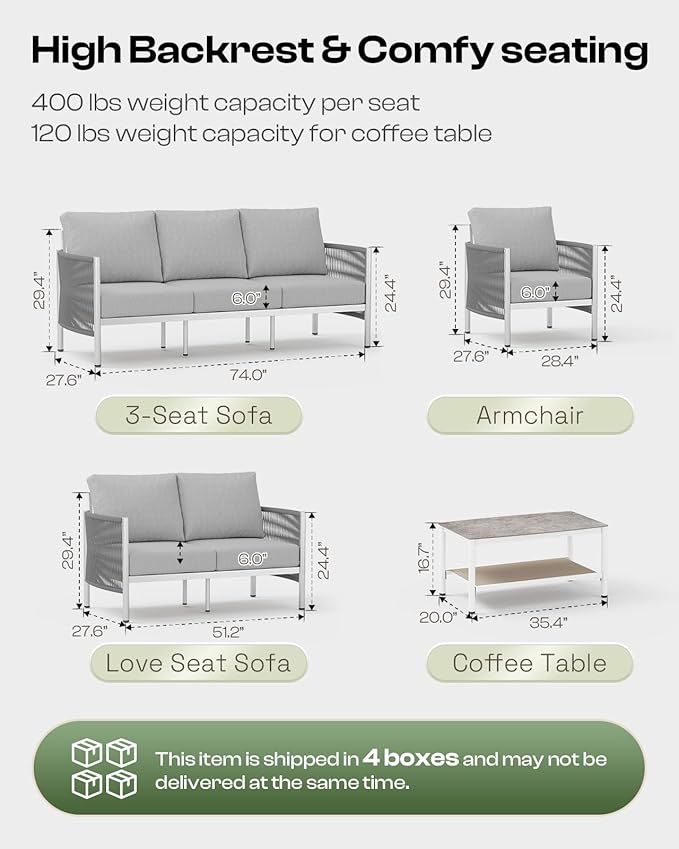 Aluminum Outdoor Patio Couch Loveseat, HDPE Rope Patio Sofa with Washable Thick Cushion, All-Weather Patio Furniture for Balcony, Yard, Silver Frame, Silver Oasbira
