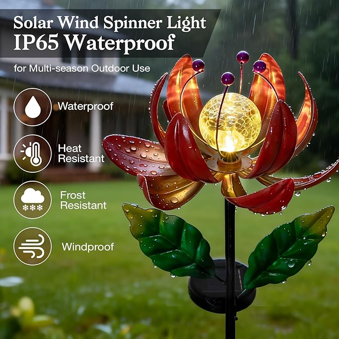 Solar Lights Outdoor Wind Spinners, Metal Lotus Flower Garden Decor with Waterproof LED Crackle Glass Globe for Patio Lawn Yard Outdoor Decor SUCUY