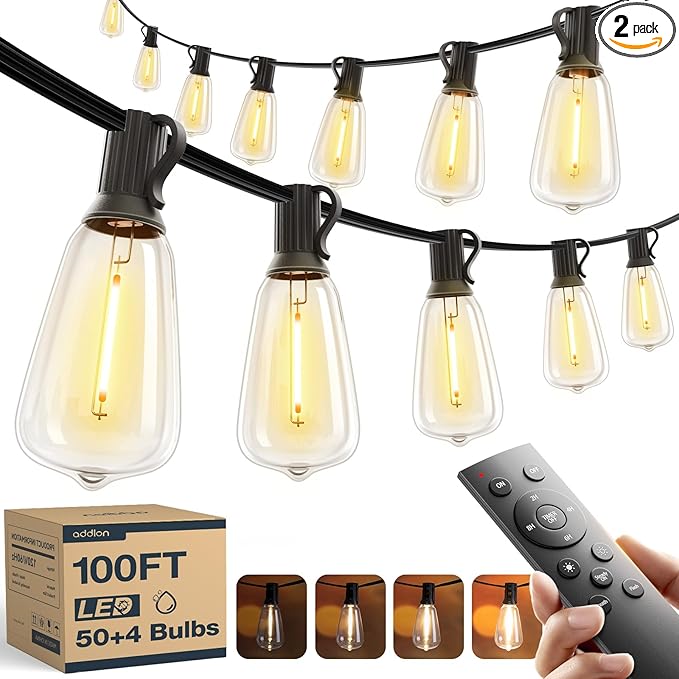 addlon 100FT(50FT*2) LED Outdoor String Lights with Remote Waterproof Patio Lights with 54 Shatterproof ST38 Replaceable Bulbs(4 Spare), Dimmable Outside Hanging Lights Connectable for Porch, Backyard addlon