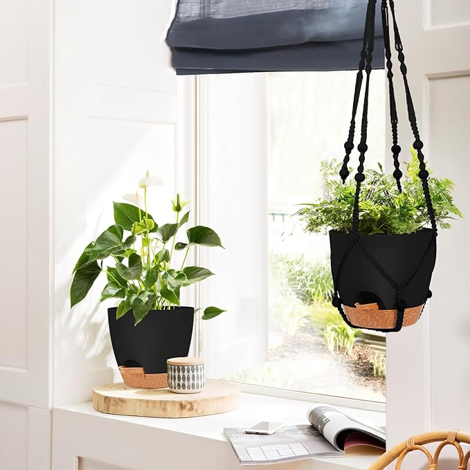GARDIFE 8 Inch Hanging Planters with Macrame Plant Hanger for Indoor and Outdoor Plants, 2 Pack Large Self Watering Hanging Plant Pot with Basket Flower Pot with Drainage Hole, Black GARDIFE
