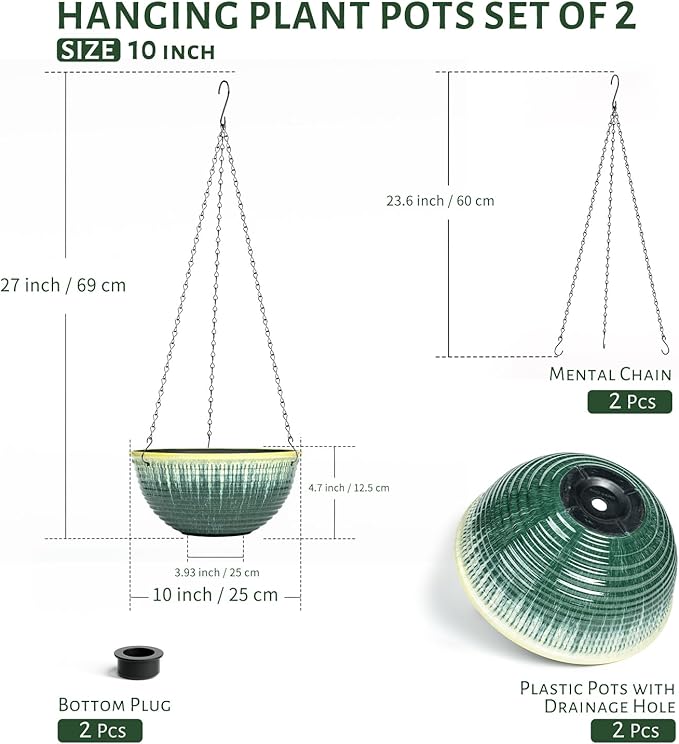 10inch Hanging Planter, 2 Pack Hanging Planters for Indoor and Outdoor Plants, Glazed Hanging Plant Holder with Drainage, Indoor Hanging Flower Pots for Garden Home (Green Glaze) LesOasis