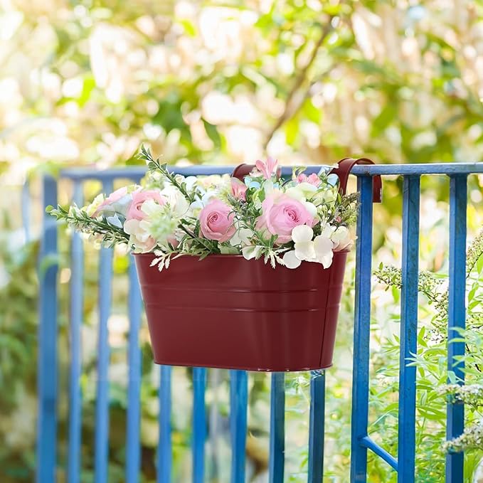 3 Pack Metal Railing Planters, 10.5" Oval Hanging Flower Pots with Detachable Hooks & Drainage Holes, Fits Rails up to 2.36", Galvanized Iron Fence Bucket for Balcony Garden Patio - Red MeltsetM