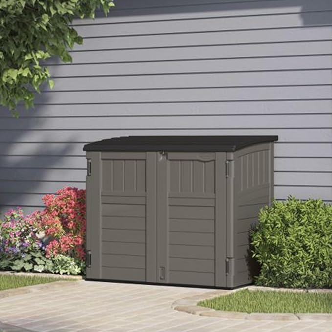 Suncast 34 Cu Ft Horizontal Resin Storage Shed - Outdoor Storage Shed with Floor Included, Lockable, Weatherproof, Fits Small to Medium Trash Cans, Generators, & Garden Tools, Stoney Black Suncast