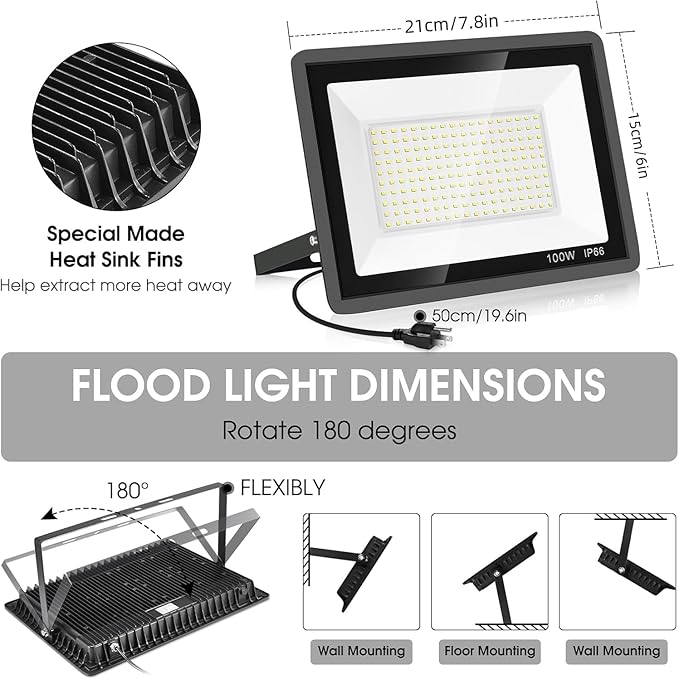 4 Pack 100W LED Flood Light,Super Bright Exterior Security Lights With Plug,IP66 Waterproof Outdoor Flood Light, 11600lm 5000K Daylight White Floodlight for Yard, Garden,Basketball Court, Arena YANYCN
