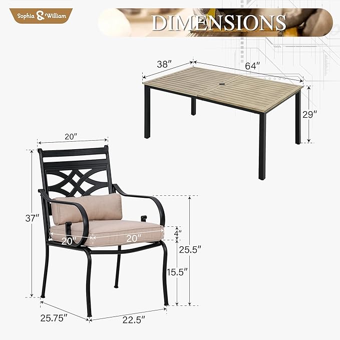 Sophia & William Outdoor Patio Dining Set for 6 | Outdoor Table and Chairs | Removable Seat Cushions | 64" Metal Tabletop with Wood Texture SophiaWilliam