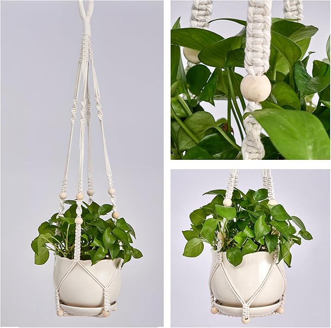 Macrame Plant Hanger Set of 2, 35 Inch Indoor Hanging Planter with 4 Hooks, Macrame Plant Hangers for Pots, No Tassels Boho Home Decor, Ivory (Pots Not Included) Wdmxszdq