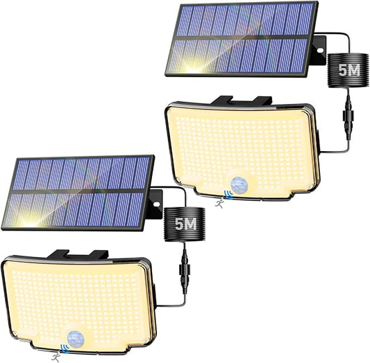 Peasur 2 Pack Solar Motion Lights Outdoor, 318 LED Solar Security Light with 3 Modes, IP65 Waterproof Powered Flood Lights for Outside Garden Patio Garage Yard Backyard Warm White Peasur