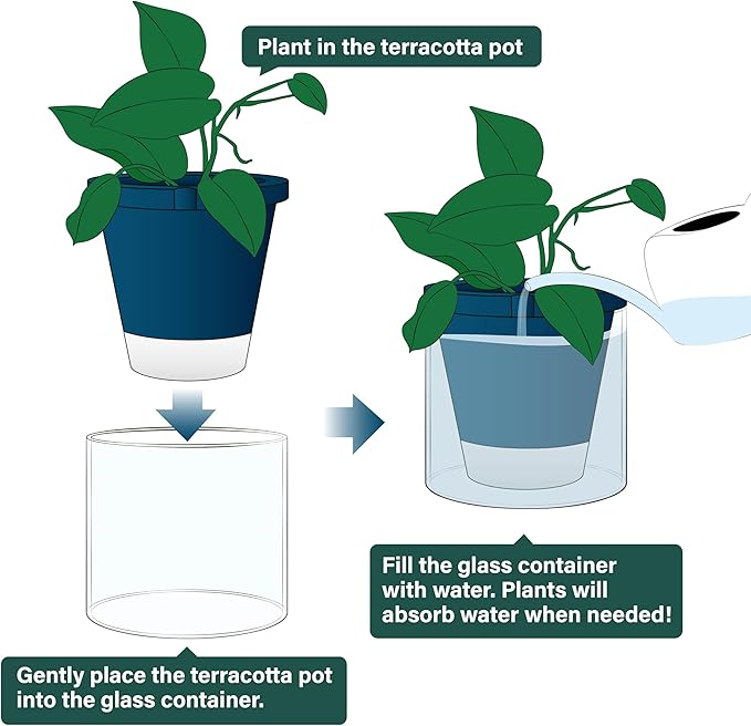 D'vine Dev 8 Inch Design Self Watering Planter for Indoor Plants, Blue Terracotta Pot with Cylinder Glass Cup, 37-X-C-4 DvineDevPlanterPotsandStand