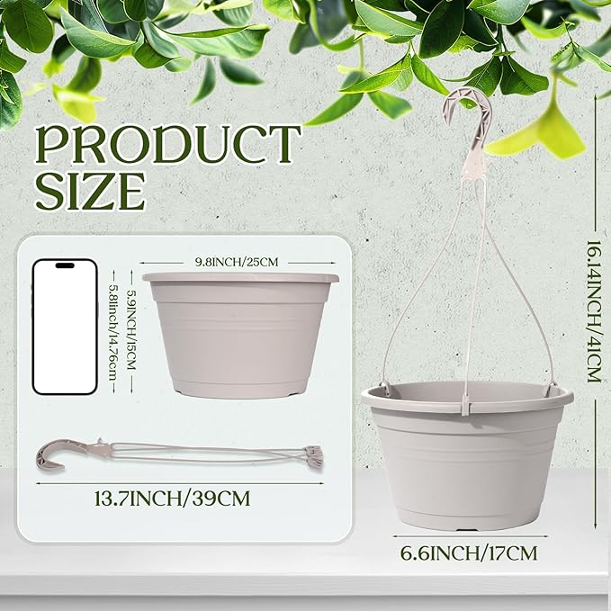 VIDELLY 4 Pcs Hanging Planters,10" Hanging Pots Plastic Hanging Flower Plant Basket with Drainage Trays & Chain Holder for Outdoor Indoor Plants Garden Balcony Decoration, Light Gray VIDELLY
