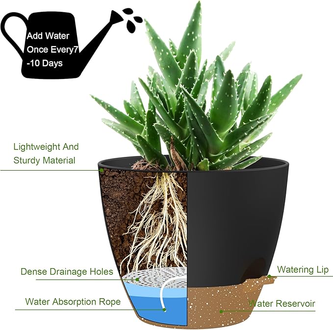 12 Inch Large Self Watering Pots, Flower Pots with Multi-Mesh Drainage Holes and Saucer, Planters for Indoor and Outdoor Garden Plants (Black with Brown) Rootora