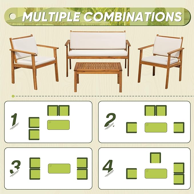 Flamaker Patio Furniture 4 Piece Outdoor Acacia Wood Patio Conversation Sofa Set with Table & Cushions Porch Furniture for Deck, Balcony, Backyard Flamaker