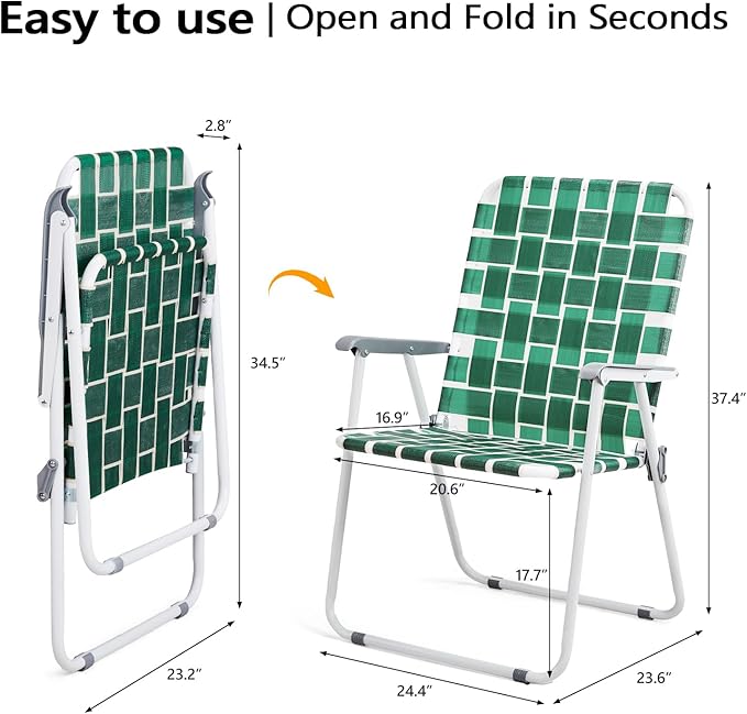 VINGLI Patio Lawn Webbed Folding Chairs Outdoor Beach Portable Camping Chair for Yard, Garden (2, Dark Green, Oversized) VINGLI