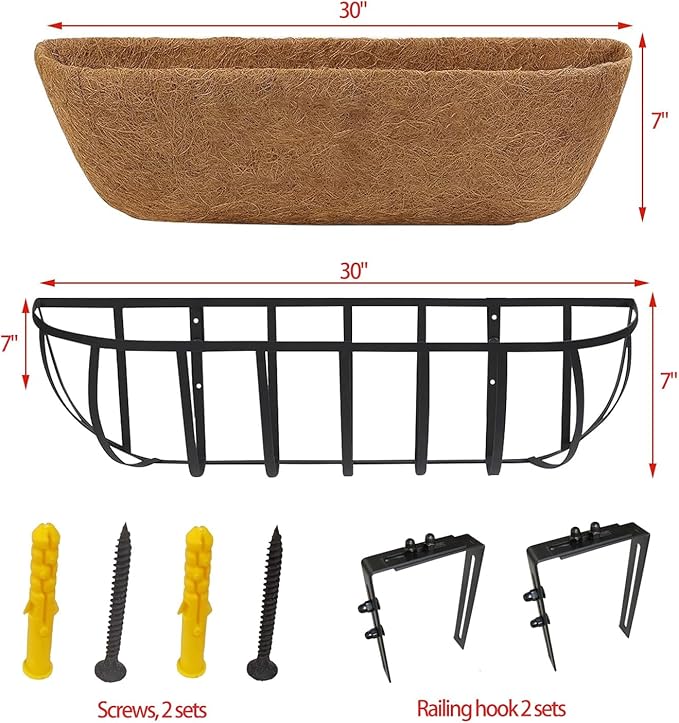 2 Pack 30" Railing Planter Window Box with Coco Fiber Liner Horse Trough Planter The Railing Planter Boxes for Deck Porch Fence Outdoor Rootora