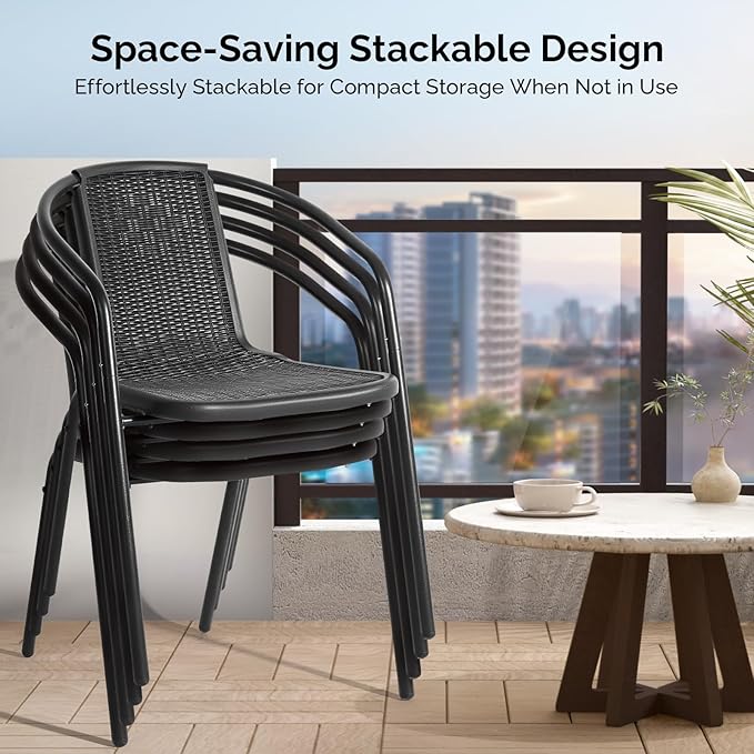 VINGLI PE Rattan Outdoor Dining Chairs Set of 2, Plastic Stackable Patio Chairs for Indoor, Porch, Restaurant, Garden, Black VINGLI