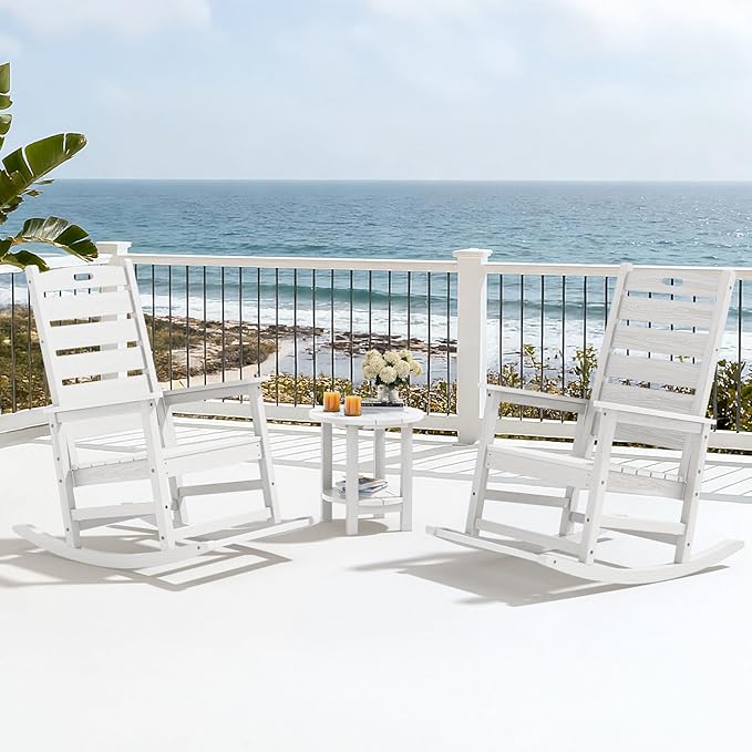 SERWALL HDPE Outdoor Rocking Chair, Oversized Rocking Chair with Footboard, High Back Porch Rocker Chair with 350lbs Support, White SERWALL