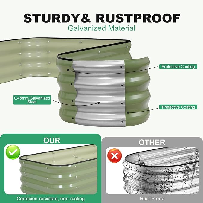 1MORE Raised Garden Bed -8X2X1 Galvanized Planter Box for Outdoor Gardening,5 in 1 Modular Raised Bed Kit with Protective Tape, Gloves for Herb,Ideal for Vegetables and Plants.Green-2pack 1MORE