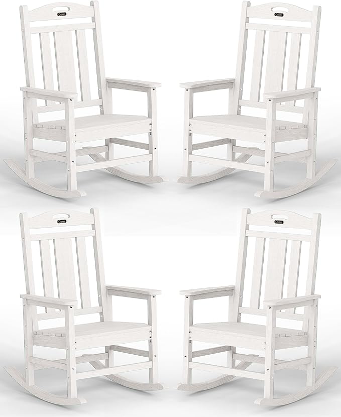 Ciokea Oversized Outdoor Rocking Chairs Set of 4, 380lbs Heavy-Duty Large Patio Rocker, High Back Cozy Porch Chairs, Weather Resistant Patio Rocking Chairs for Outside, Fire Pit, Deck, White CIOKEA