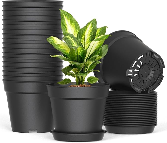20 Pack 6 Inch Plant Pots with Drainage and Saucers, Black Plastic Flower Pots for Indoor and Outdoor Plants, Stackable Nursery Planters for Houseplants and Herbs, Black SwinDuck