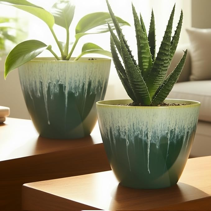 Pack of 2 Flower Pots, Plastic Plant Pots with Drainage Holes, 8 inch Modern Glossy Finishing Planter for Indoor Outdoor Plants (Green Glaze, 2 Pack) LesOasis