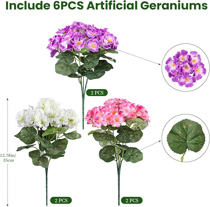 Artificial Geraniums Flowers for Outdoors, 6 Bundles Realistic Silk Fake Geranium, No Fade Faux Plants for Hanging Baskets, Window Boxes, Planters - Porch, Patio, Garden Decor(Mix Colors) AmberFun