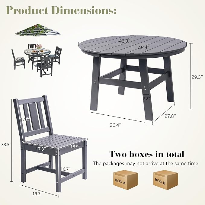 AMERLIFE 5 Piece HDPE Outdoor Dining Table & Chairs Set, All-Weather Patio Table and Chairs Set Furniture with Umbrella Hole for Garden, Backyard, Poolside, Seaside, Gray AMERLIFE