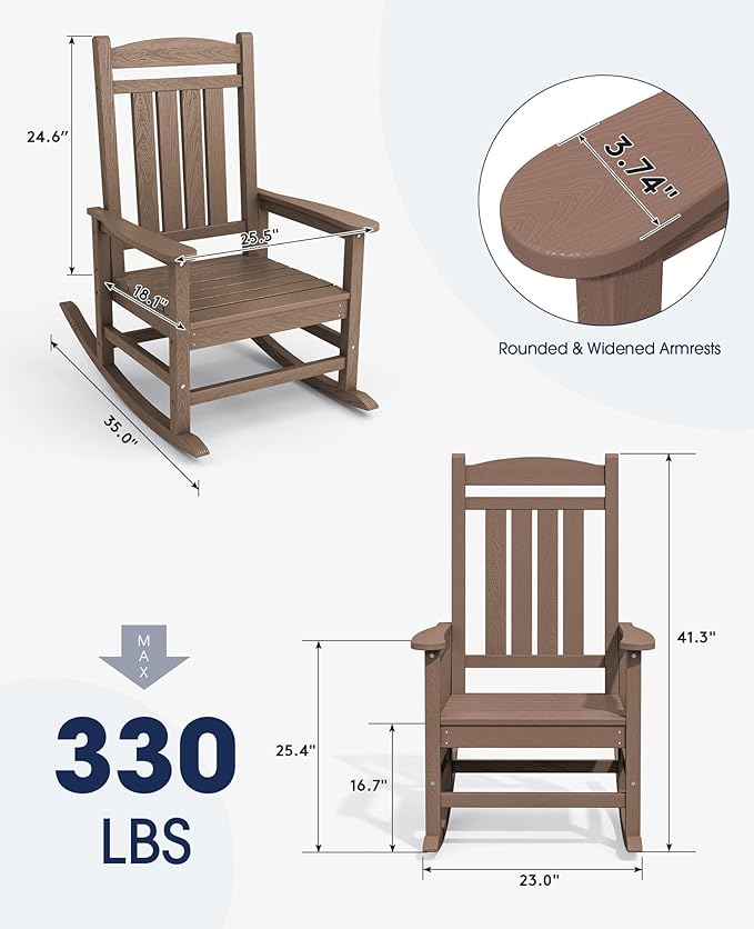 KINGYES Outdoor Rocking Chair Set of 2, High Density Polyethylene Patio Rocking Chairs with 330lbs Support for Adults, Brown KINGYES