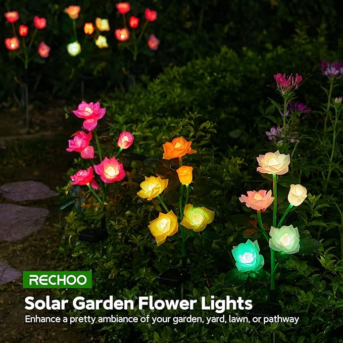 RECHOO Solar Garden Lights Outdoor Decorative, 3 Pack Solar Flower Lights with 15 Rose Flowers, Multi-Color Changing LED Waterproof Garden Decor for Landscape Pathway, Mother's Day Gifts for Women RECHOO