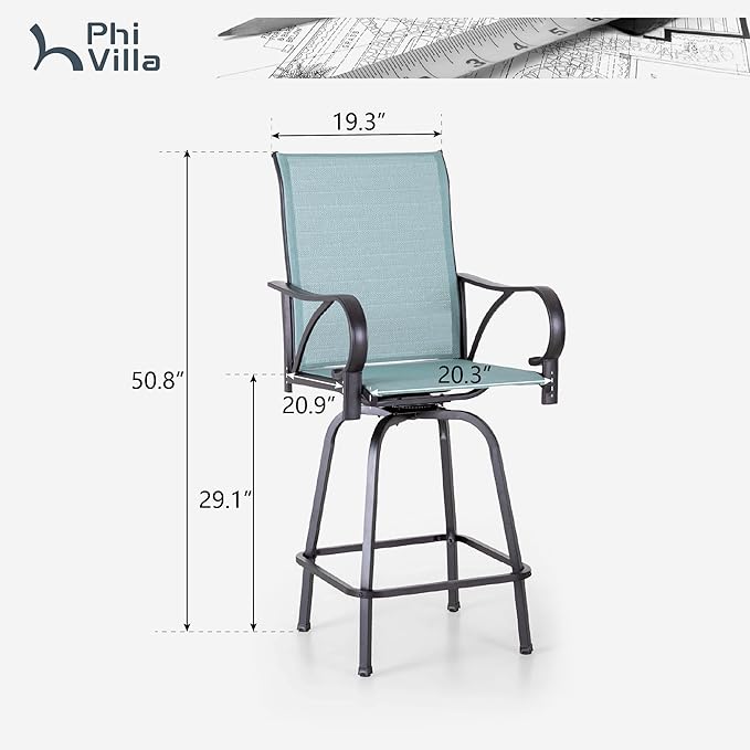 PHI VILLA Outdoor Bar Stools Set of 6, Swivel Patio Bar Stools & Chairs, High Top Bar Seating for Outside, Balcony，Porch and Backyard, Teal PHIVILLAThepioneerofcomfortablehouseholdsupplies