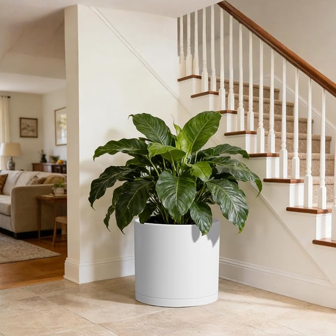 14 Inch Heavy-Duty Cylinder Deep Planter for Indoor Outdoor Plants, Tall Large Plastic Plant Pot with Drainage Holes and Saucer, Decorative Flower Pot for Patio Garden, White WSMKSZ