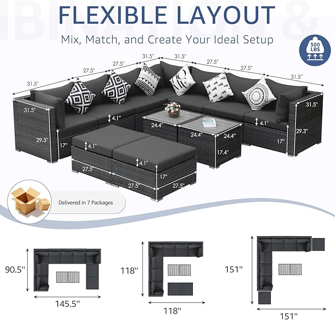 NICESOUL 11 Piece Modern Outdoor Furniture Sofa Set, Extra Large Size Wicker Patio Modular Sectionals, 29.3'' High Back All-Weather Conversations, Deep Wide Seats Sofa Couches for Backyard Deck, Grey NICESOUL
