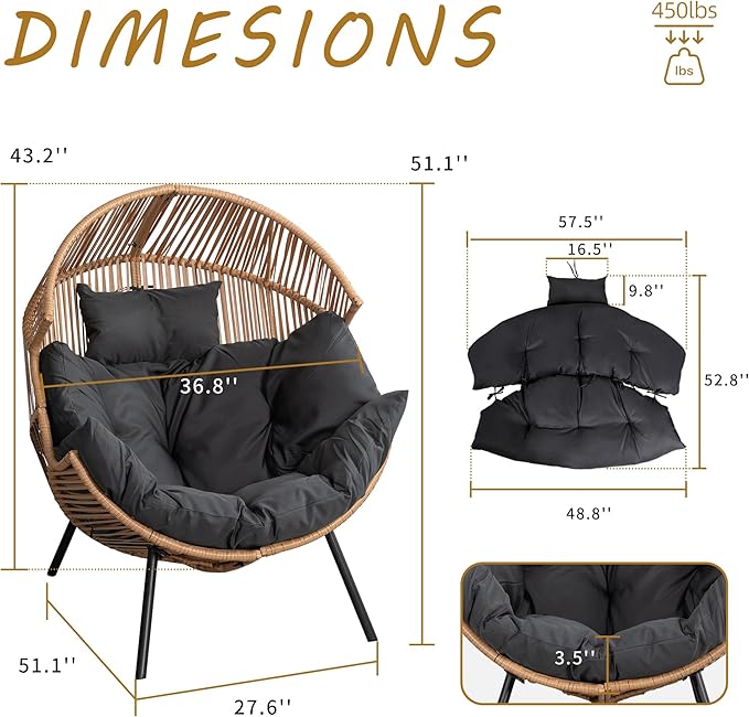 Shintenchi Wicker Egg Chair Rattan Patio Chair with Cushion,Oversized Patio Lounge Chairs with Cushion Egg Basket Chair, Egg Seat for Indoor Living Room Bedroom Outside,Grey Shintenchi
