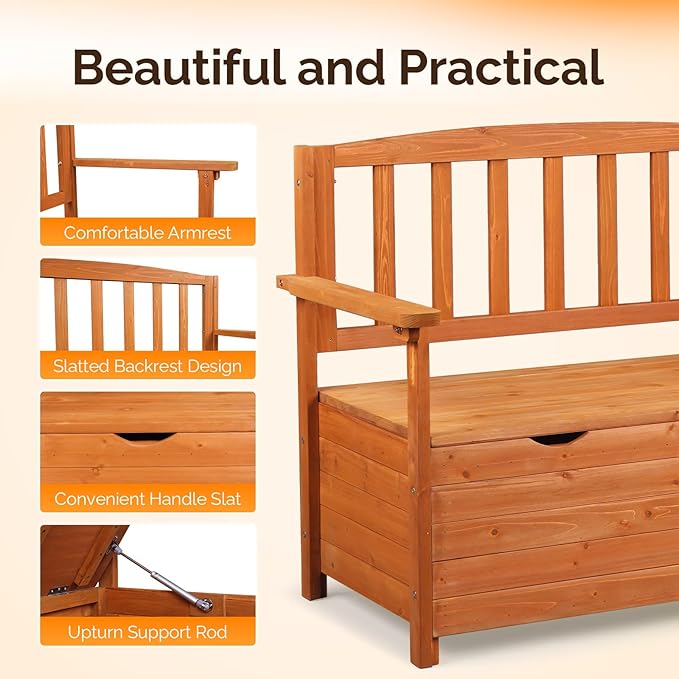 VINGLI Outdoor Storage Bench, Large Wood Deck Box with Seating, Weatherproof Outdoor Bench with Storage Loveseat, 2-Person Wooden Patio Bench for Entryway, Backyard, Garden VINGLI