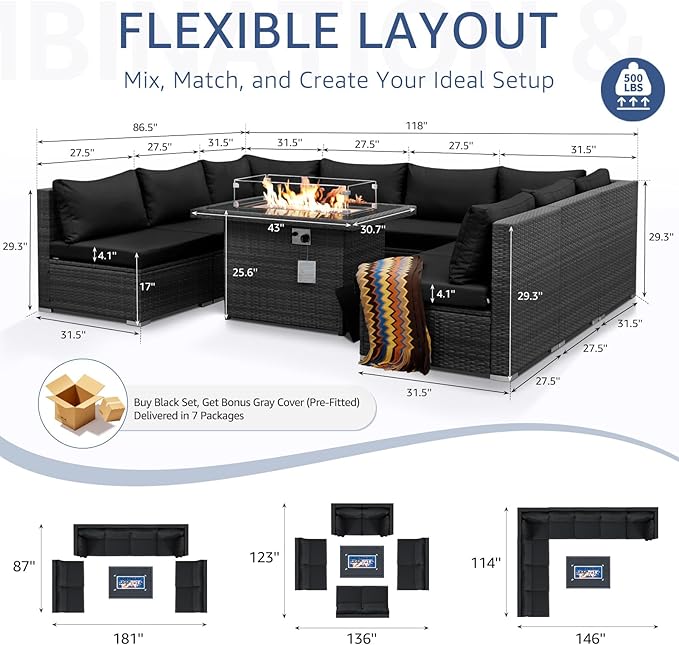 NICESOUL 9 Piece Extra Large Outdoor Patio Furniture Conversation Set with Fire Pit Natural Gas/Propane, 29.3'' High Back Modular Deep Seat Sectional Sofa Set for Outside, 2 Color Cushion Black&Gray NICESOUL