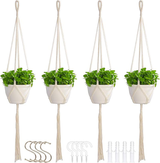 Macrame Plant Hangers Indoor Macrame,4 Pack Hanging Planter Holder for Window,Ceiling Crochet Handmade Boho Home Decor Set for Hanging Plants Basket Pot,Ivory petonfun