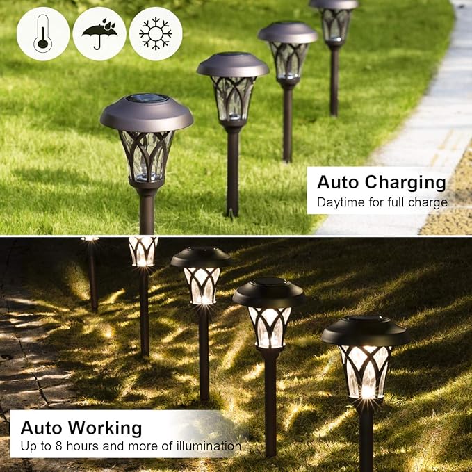GIGALUMI 6 Pack Solar Pathway Lights Outdoor, Metal Glass & ABS Solar Landscape Lights Waterproof IP65, Warm White Solar Powered Garden Lights for Yard Patio Walkway Driveway (Brown) GIGALUMI