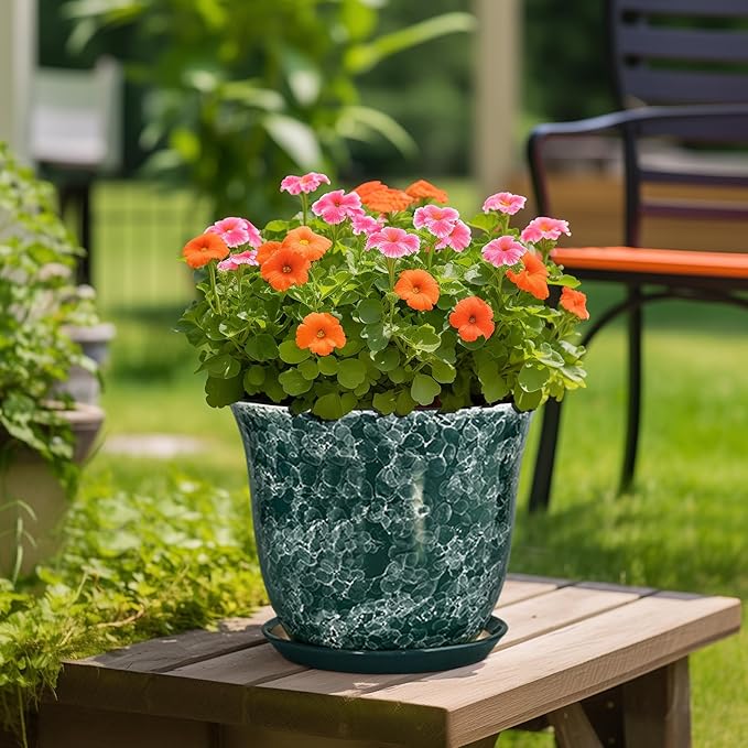 Ceramic Planter - 12 Inch Pots for Plants with Drainage Hole and Saucer, Round Planter for Indoor Outdoor, Large Plant Pot, Modern Planters, Garden Patio Decor, House Warming Gifts, Green SUNPOTFOR