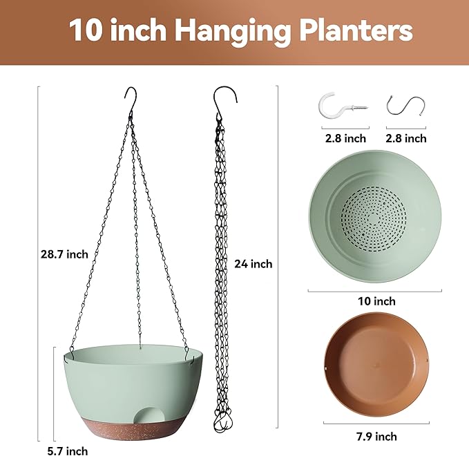 Hanging Planter for Indoor Plants, 10 Inch Self-Watering Hanging Planters with Drainage Holes and Chain, Set of 2 Outdoor Hanging Pots for Garden Home LesOasis
