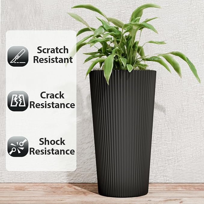 23.6" Tall Planters for Outdoor Plants,Large Outdoor Planters for Front Porch Decor with Drainage Hole, Flower Pots Fits Indoor Plants Patio/Garden, Plastic Striped Black (2 Pack) Outdoorchairs