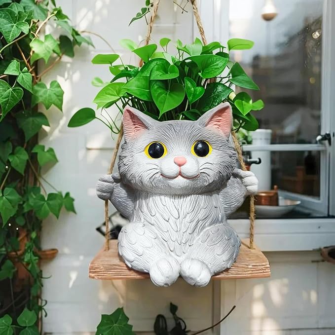 Cat Hanging Planters for Indoor Outdoor Plants, Small Cute Hanging Pots for Succulent, String of Pearls Plant, Resin Hanging Flower Pots with Drainage Hole, Unique Gift, Garden Home Decor Pyoimmne