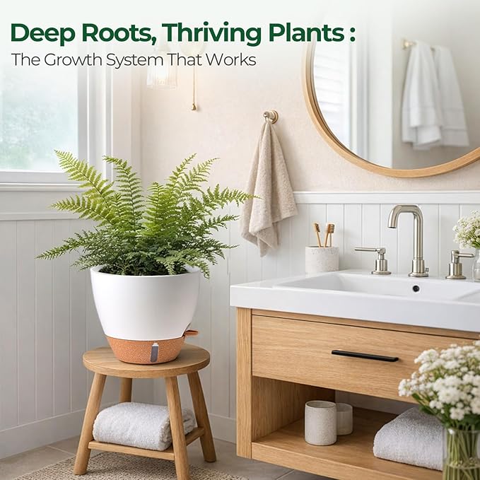 2 Pack 10 Inch Self Watering Pots - Water Level Indicator & Deep Reservoir, Mess-Free Planter for Busy People, Beginners & Gardeners, Fiddle Leaf Fig, Monstera, ZZ Plants, Indoor Outdoor Use (White) T4U