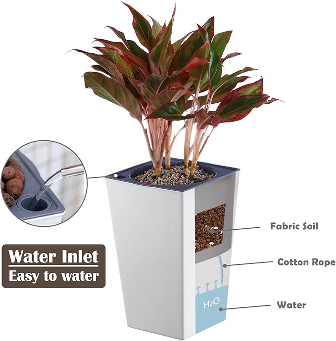 2 Pack Self Watering Planters 10.7" x 6.9" Planter for Indoor Plants White Self Watering Violet Pots Plastic Flower Pots Square Planter with 3D Wallpaper Pattern Planterhoma