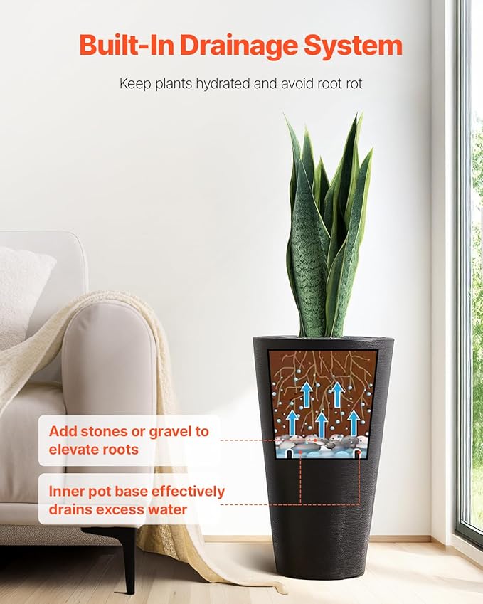 VEVOR Set of 2 Tall Planter for Outdoor Indoor Plants 24inch, Black Round Large Planters for Front Porch, Patio, Tall Taper Flower Tree Plant Pots with Modern Design and Built-in Drainage VEVOR