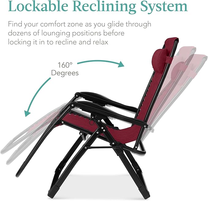 Best Choice Products Oversized Zero Gravity Chair, Folding Outdoor Patio Recliner, XL Anti Gravity Lounger w/Removable Cushion, Cup Holder, Side Tray, 350lb Capacity - Burgundy BestChoiceProducts