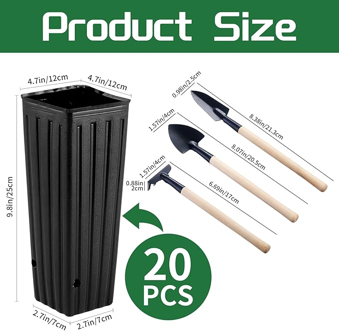 20 Pcs Plastic Deep Nursery Pots,9.8" Tall Tree Pots,Tall Nursery Tree Pots Plant Deep Seedling Pots, Flower Plant Container Pots with 3 Pcs Garden Tools for Indoor Outdoor Use Hzloyat