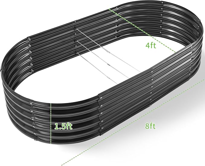 Land Guard Galvanized Metal Raised Garden Bed Kit, 8x4x1.5ft Large Planter Boxes Outdoor, Oval Gardening Box, Patio Garden Planter Box for Vegetables (Grey) LandGuard