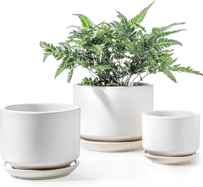 LE TAUCI Ceramic Plant Pots, 4.3+5.3+6.8 inch, Set of 3, Planters with Drainage Hole and Saucer, Indoor Flower Pot with Hole Mesh Pad, Gifts for Mom, White LETAUCI