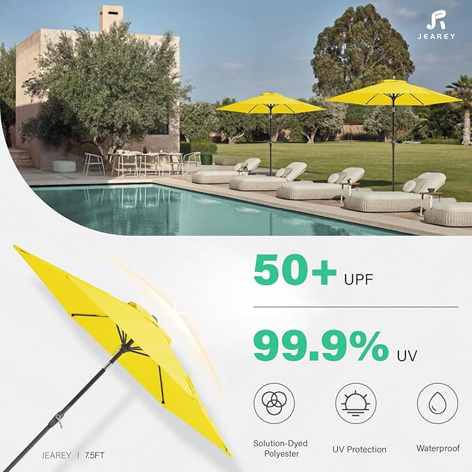 JEAREY 7.5FT Patio Umbrella Market Table Umbrella with 6 Sturdy Ribs, Push Button Tilt/Crank Outdoor Umbrella for Garden, Deck, Backyard, Pool and Beach,Yellow JEAREYOutdoorsCollection