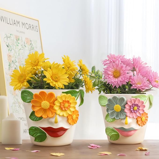 GUGUGO Abstract Face Flower Planters Colorful Unique Rainbow Head Planter with Drainage, Cute Flower Plant pot for Indoor Plants, Eclectic Succulent Gardening Pot for Home Décor (Orange&Yellow, 5Inch) GUGUGOHOMEDECOR