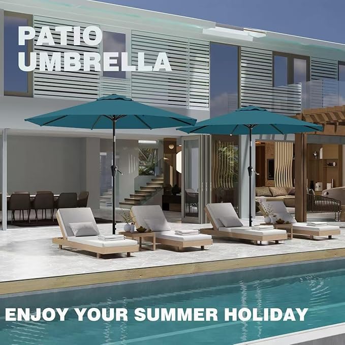 AreShark 9 FT Patio Umbrella for Outdoor, Outdoor Table Umbrella with Push Button Tilt and Crank, Outdoor Patio Umbrellas with 8 Sturdy Ribs for Market, Garden, Pool (Lake Blue) Rootora