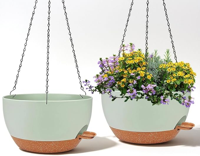 2 Pack 12 Inch Self Watering Hanging Planters for Indoor Plants, Large Green Brown Plastic Hanging Pots with Chains for Outdoor Patio Garden Home Decor Green Brown zople
